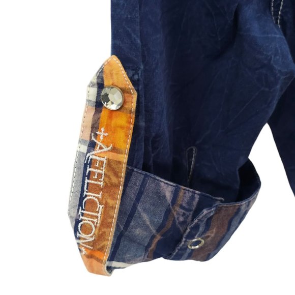 Affliction Snap Front Shirt Womens S Roll Tab 3/4 Sleeve Blue Cross Rhinestones - Picture 15 of 16